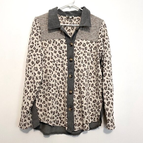 UMGEE Cream Ivory Gray Colorblock Leopard Animal Oversized Shacket Shirt Jacket - Picture 2 of 15